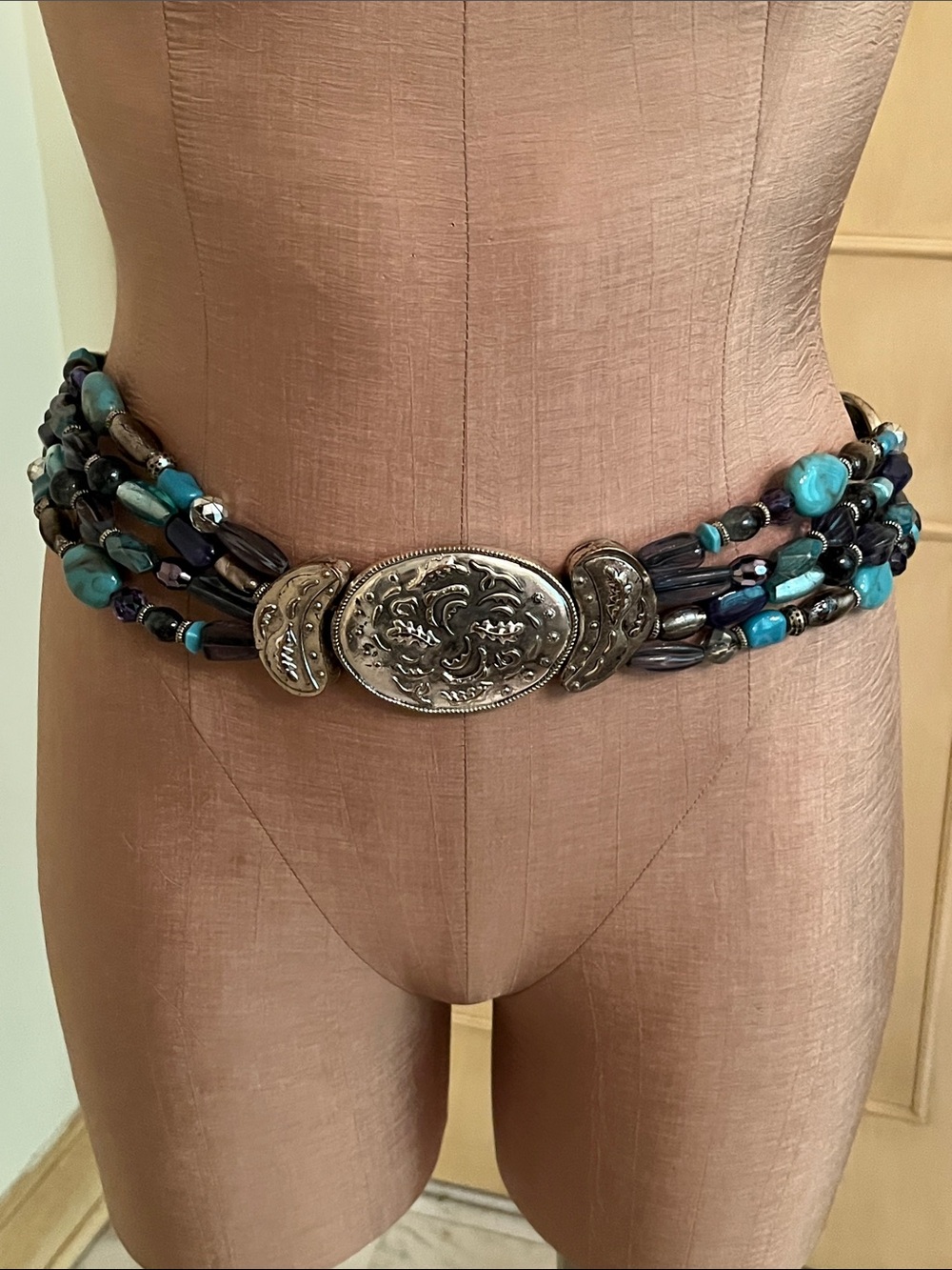 COLDWATER CREEK Boho Western-Chic City Multi Beaded Silver Buckle/Station Belt